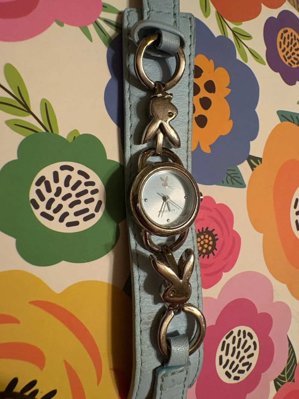 Vintage Y2K 2000s PLAYBOY Light Blue Stainless Steel Faux Leather Bracelet Watch
